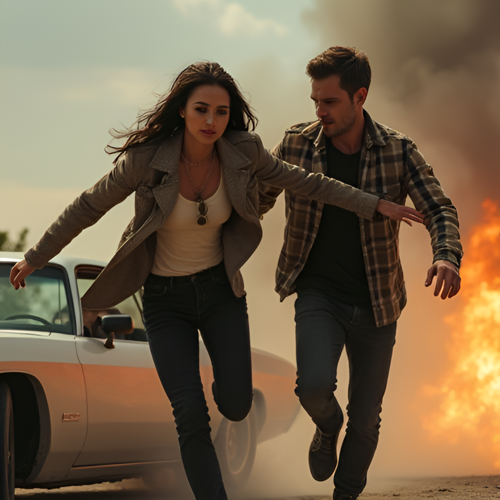 A dynamic scene featuring the two main protagonists, Lucia and Jason, in action during a high-stakes moment, possibly a car chase or a robbery, showcasing their partnership.