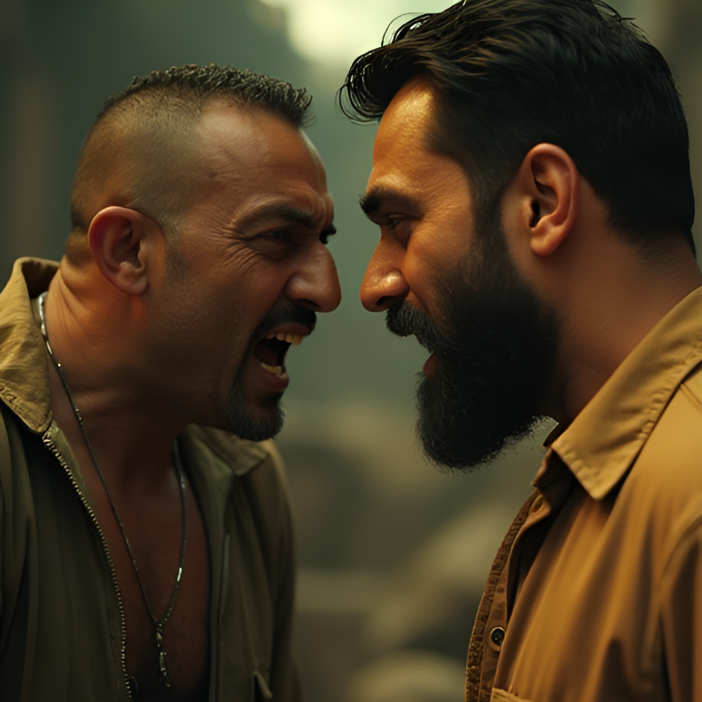 A scene depicting a confrontation between Ajay Devgn's character and Riteish Deshmukh's character in Raid 2, showing intense expressions and dynamic composition, cinematic style