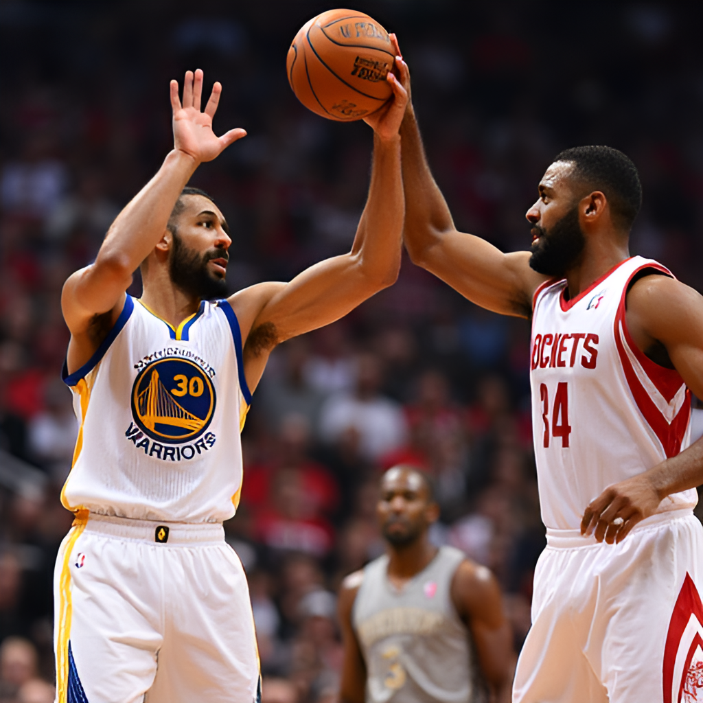 An image showcasing a key moment from a past Warriors vs Rockets playoff game, perhaps a game-winning shot or a crucial defensive stop, highlighting the high stakes.