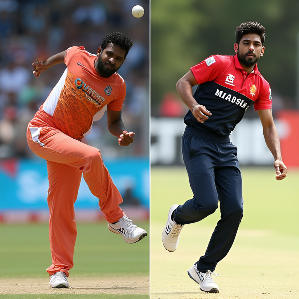 A split image or collage showing Lasith Malinga and Matheesha Pathirana side-by-side, both captured mid-delivery showcasing their similar, unique slingy bowling actions. The image should highlight the visual comparison between the mentor and the protégé.