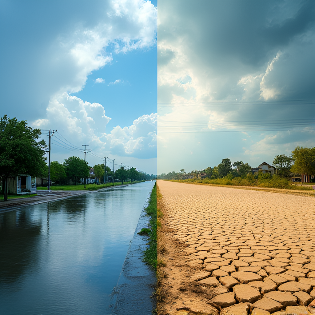 A split image showing two contrasting scenes: one side depicts extreme weather (e.g., a flooded street or drought-cracked earth), and the other side shows calm, favorable weather. Both sides illustrate the concept of climate change impacts on weather patterns.