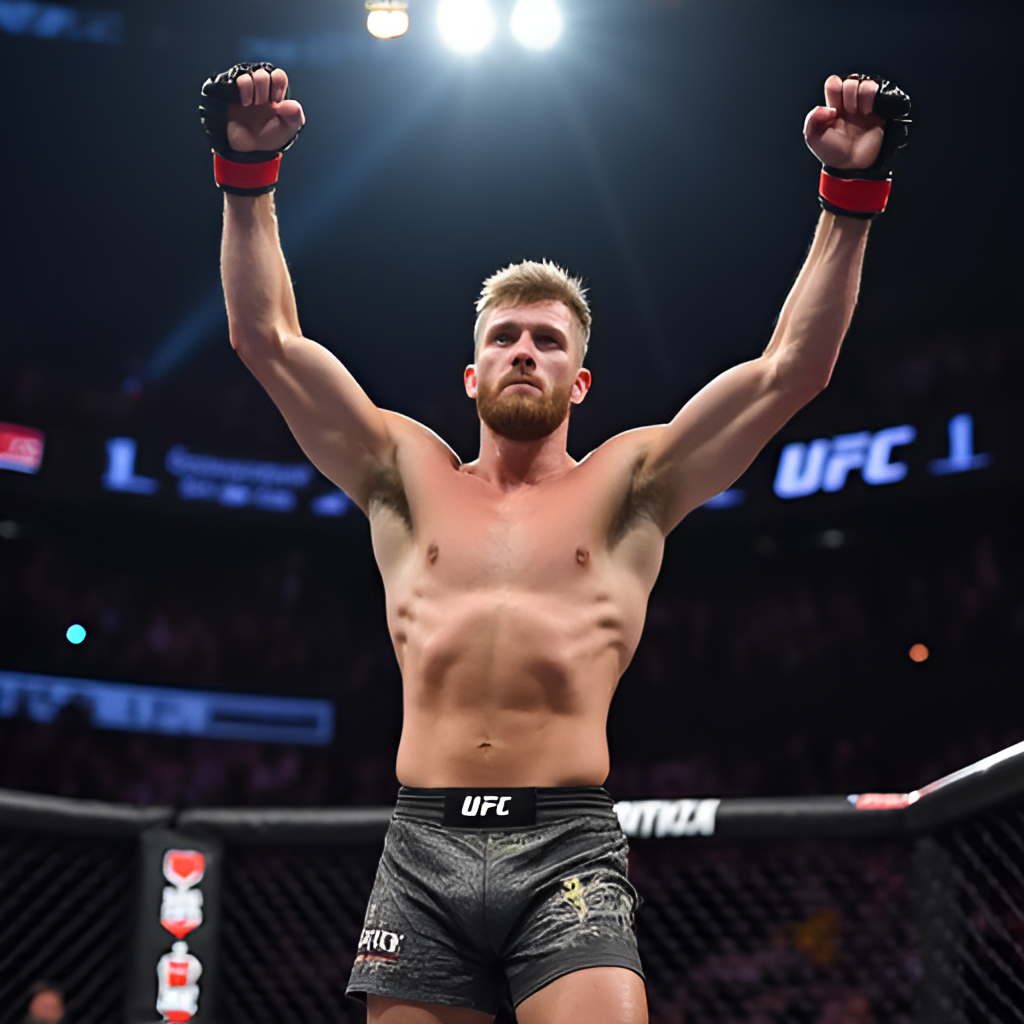 Bo Nickal standing in the UFC octagon, with his hands raised in victory, wearing MMA gloves and shorts, with the bright arena lights behind him.