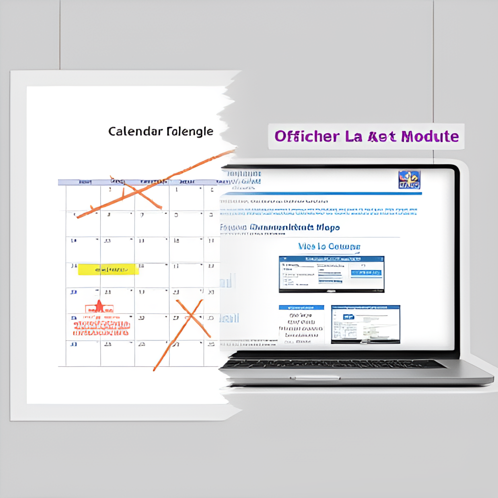 A split image showing a calendar with some dates crossed out and a laptop displaying an official website with a revised exam schedule, symbolizing change and updated information