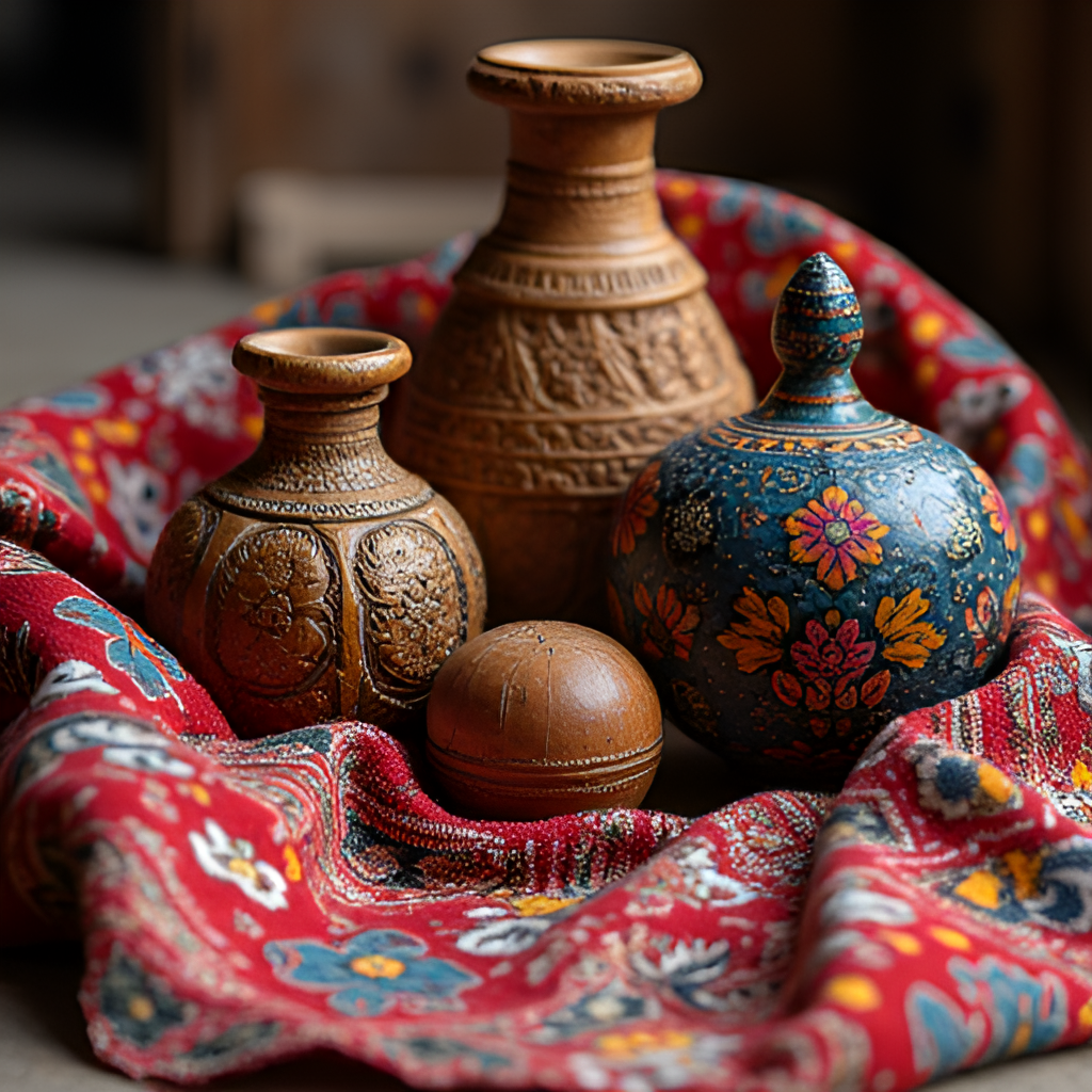 A close-up, detailed shot of traditional Kashmiri handicrafts, such as a beautifully embroidered pashmina shawl draped over carved walnut wood objects and a vibrant papier-mâché item. The image should highlight the intricate artistry and rich colors of the crafts.