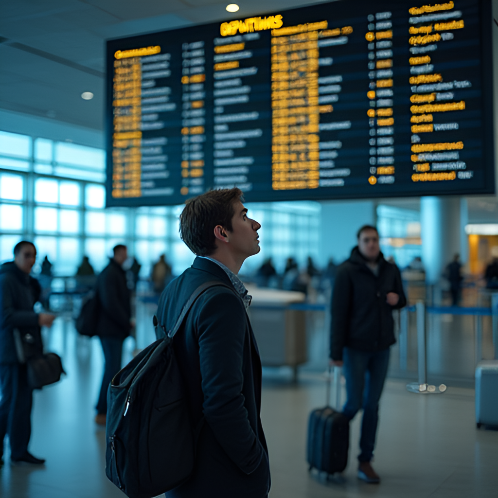 A close-up, empathetic shot of a traveller looking at a departure board showing multiple cancellations and delays, conveying feelings of frustration and uncertainty amidst an airport environment.