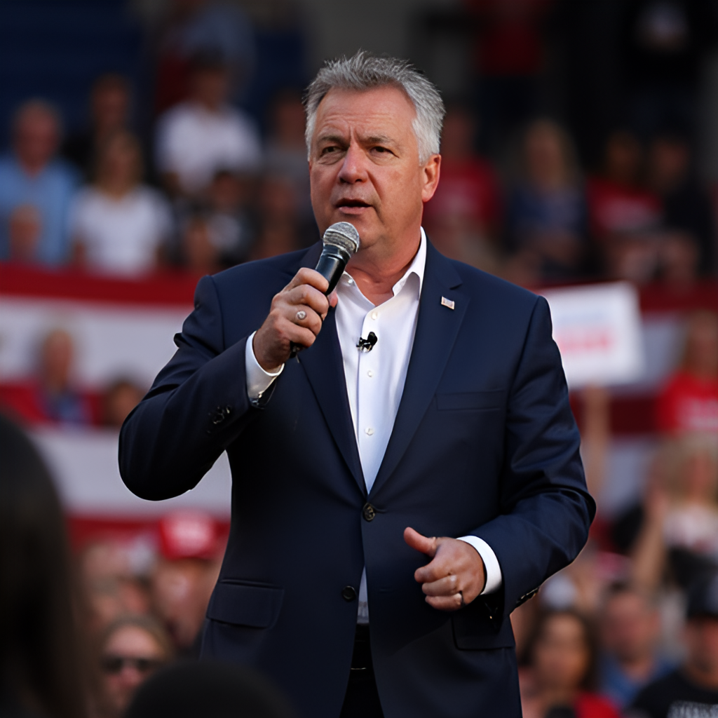 A professional photograph of J.D. Vance speaking at a political rally or event, showing him engaging with a crowd, conveying his role in the 2024 election.
