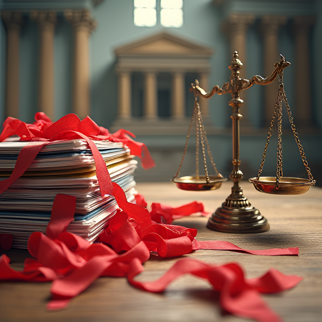 A visual metaphor showing obstacles and challenges in the path of justice delivery, such as tangled red tape, a large stack of files, and a balance scale tilting unevenly, set against a backdrop hinting at a courtroom or official building.
