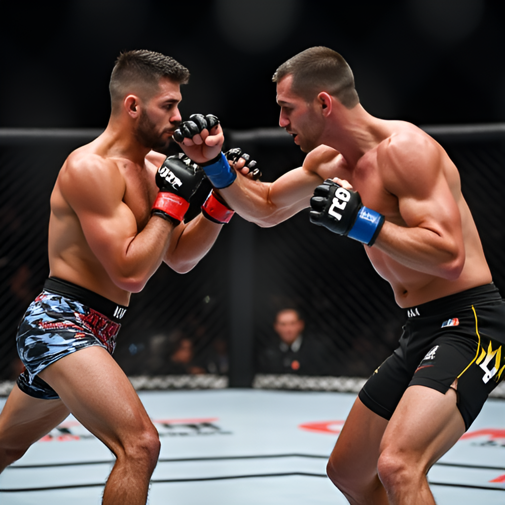 A dynamic action shot of two flyweight fighters exchanging strikes in the center of the octagon during a fast-paced bout.