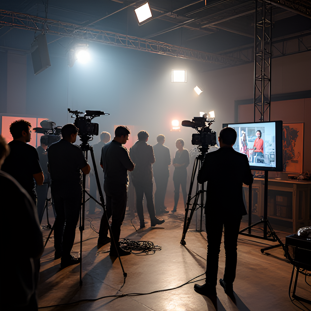 A behind-the-scenes style photo of a television production set, showing cameras and crew, with actors in the background, giving a sense of the effort that goes into creating a long-running show.
