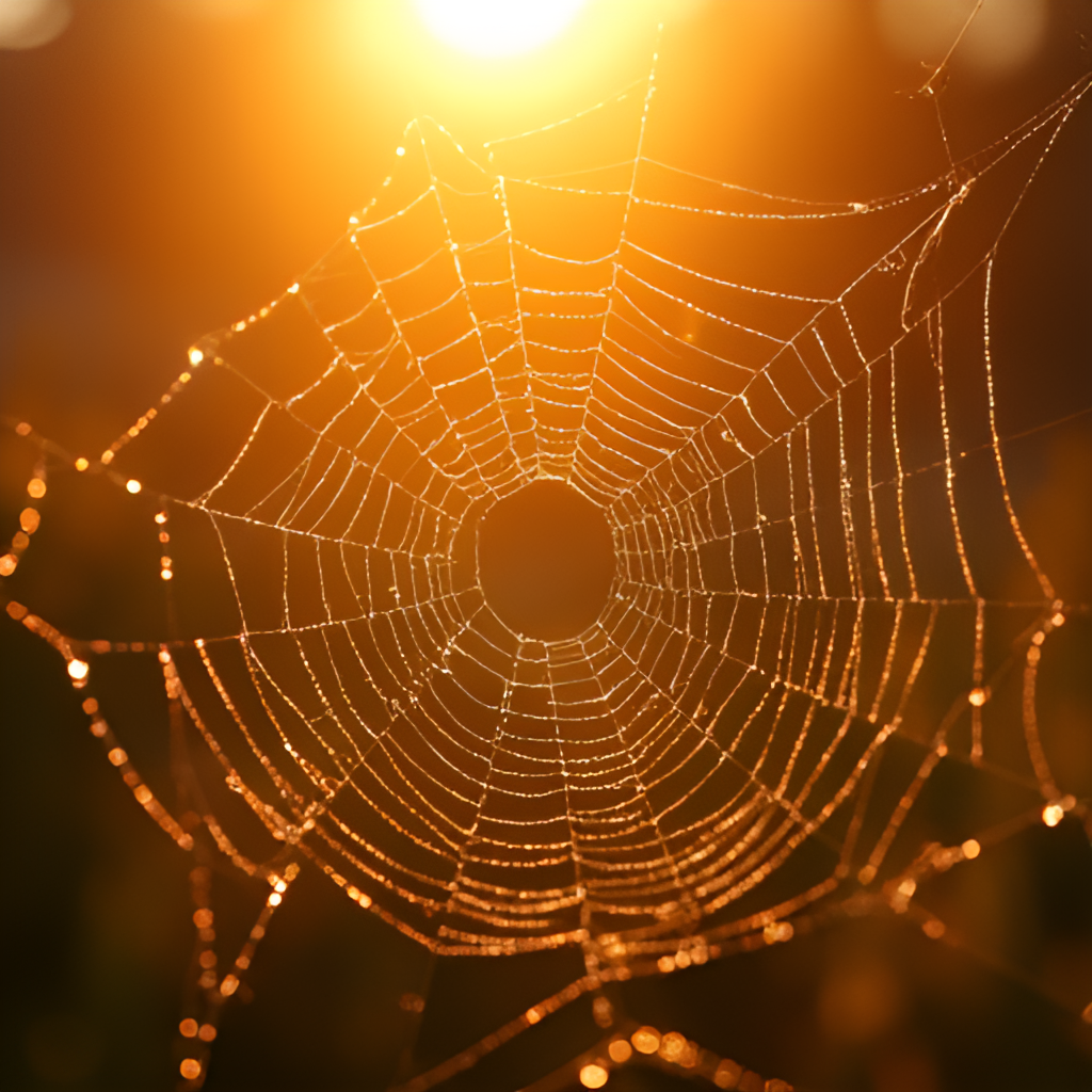 A close-up, vibrant photograph of dew drops on a spiderweb, illuminated by the warm, golden light of the rising sun, capturing the intricate details and morning freshness.