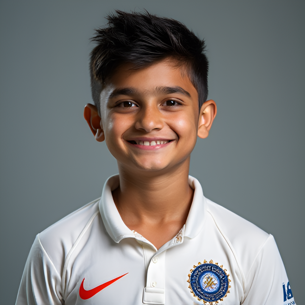 A portrait of Ishan Kishan with a confident smile, perhaps wearing the Indian cricket team jersey, conveying youthfulness and determination.