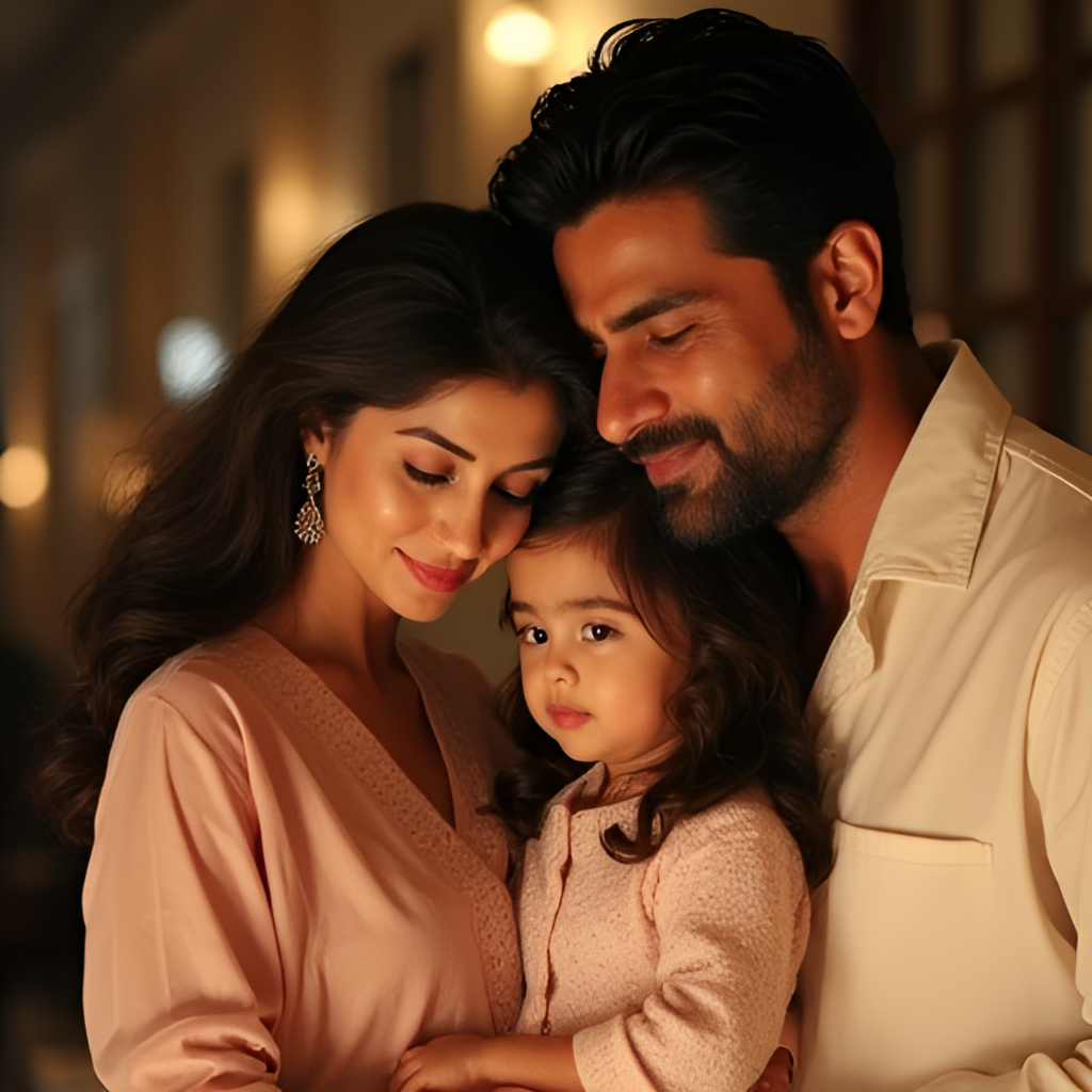A candid or posed photo of Aishwarya Rai with her husband Abhishek Bachchan and their daughter Aaradhya Bachchan, emphasizing their family bond, warm lighting.