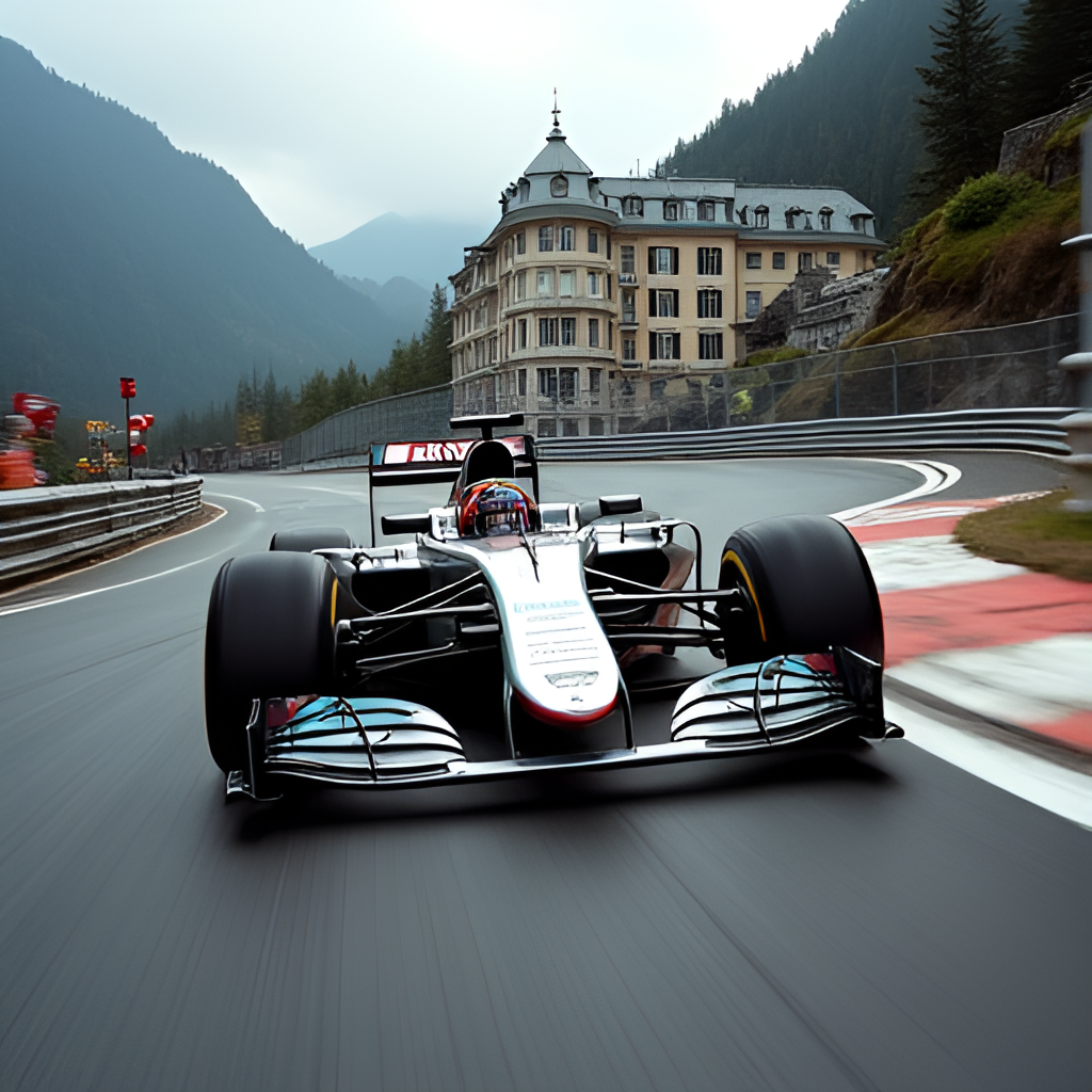 A close-up, low-angle shot of an F1 car navigating the iconic Fairmont Hairpin (Grand Hotel Hairpin) at slow speed, emphasizing the tight turn and the proximity of the barriers, with the hotel visible in the background