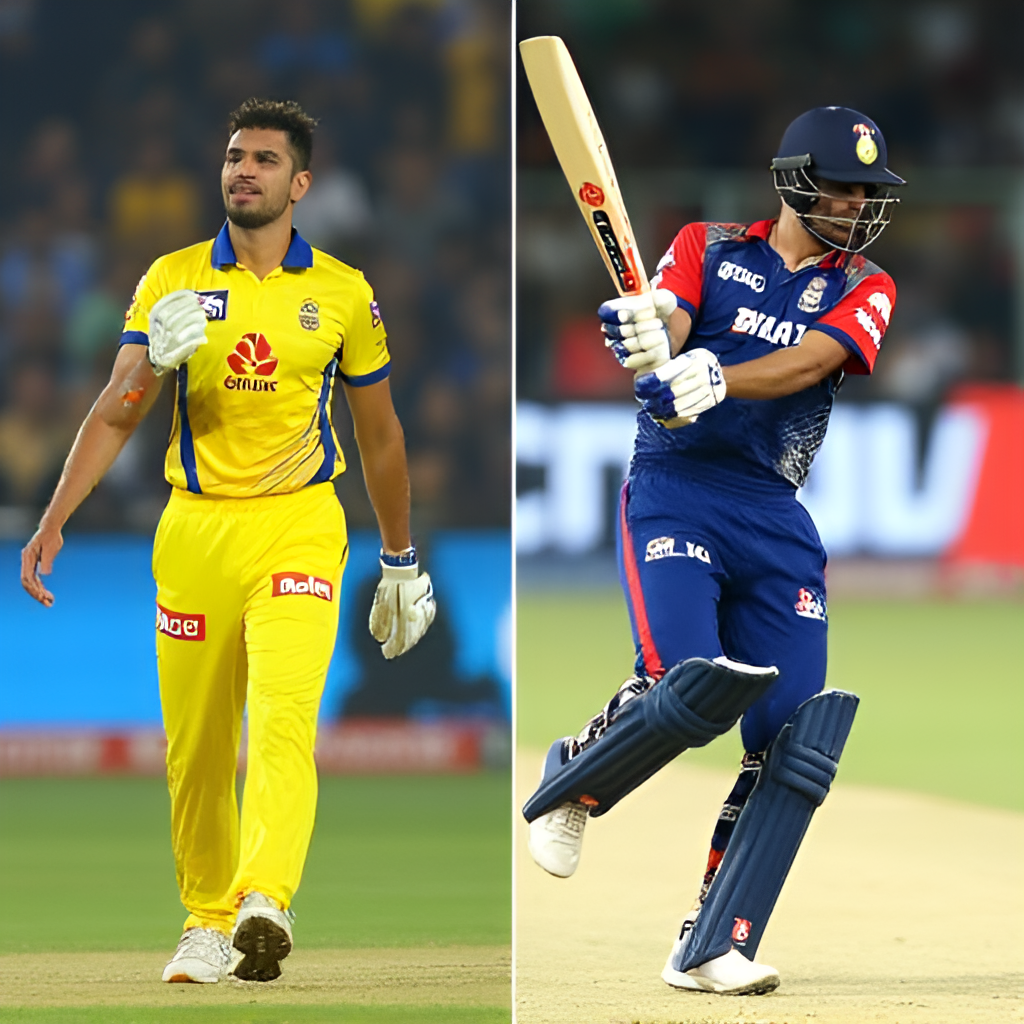 A split image showing two moments from a CSK vs GT match: one side features a CSK player celebrating a wicket, and the other shows a GT batsman hitting a six