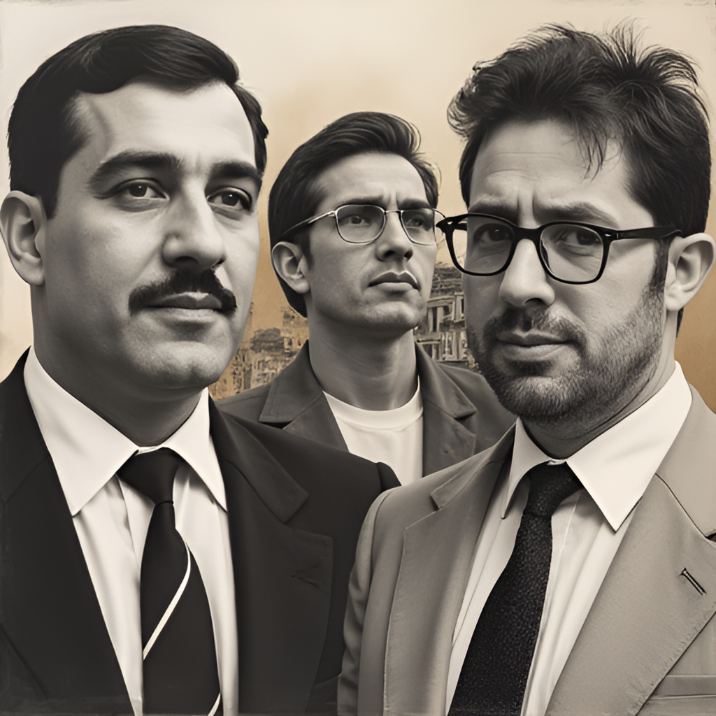 A historical photo collage showing Kamal Azfar in different roles: as a young lawyer, attending a political rally, and in a formal governmental capacity.