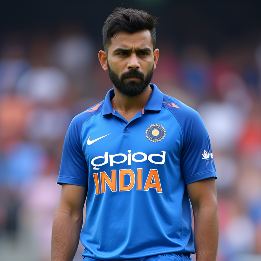 A portrait of Rohit Sharma in his Indian cricket team jersey, looking determined and confident. The background is a slightly blurred cricket stadium crowd.