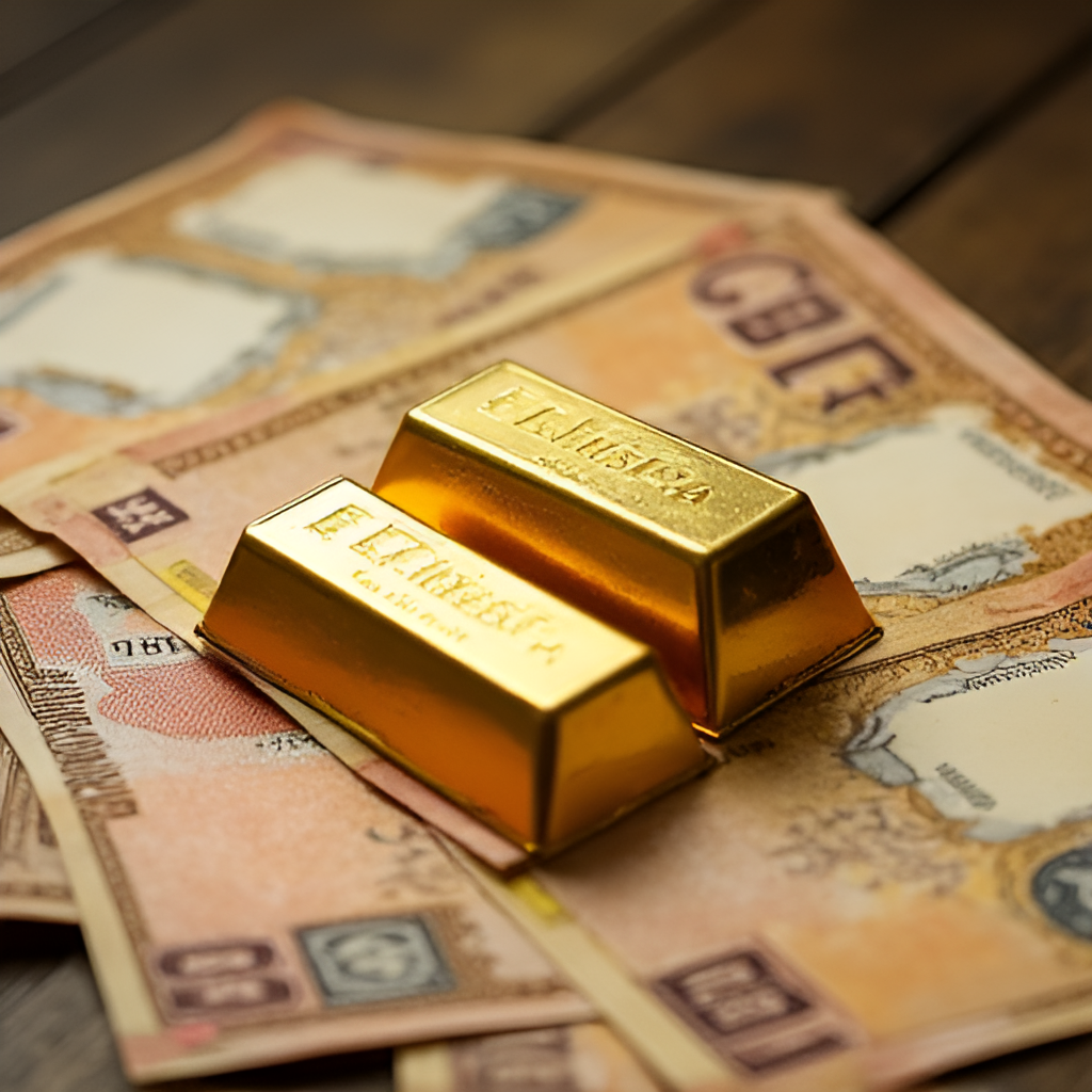 An image depicting gold bars or coins alongside Pakistani Rupee currency notes, symbolizing gold as an investment and its value against the local currency.