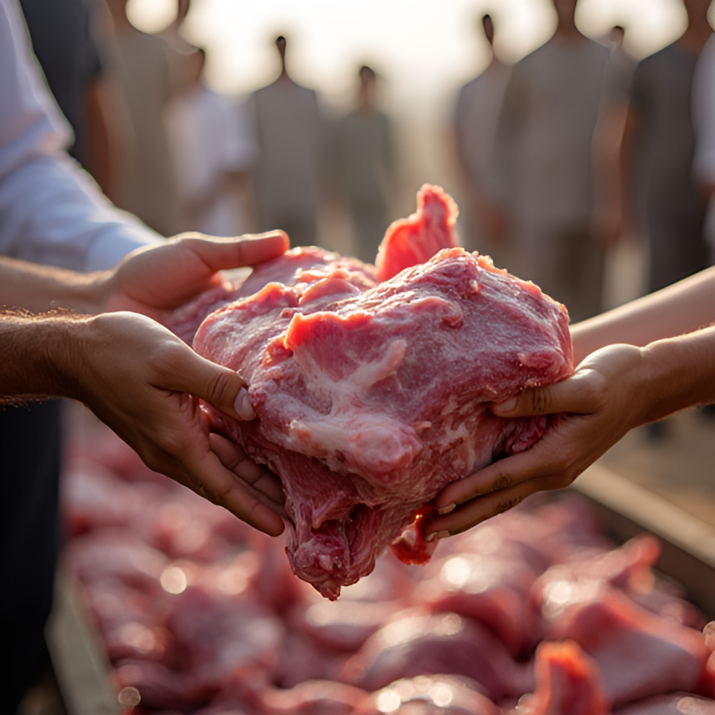A heartwarming image showing the distribution of Qurbani meat to needy families in Pakistan during Eid ul Adha, emphasizing community sharing and compassion.