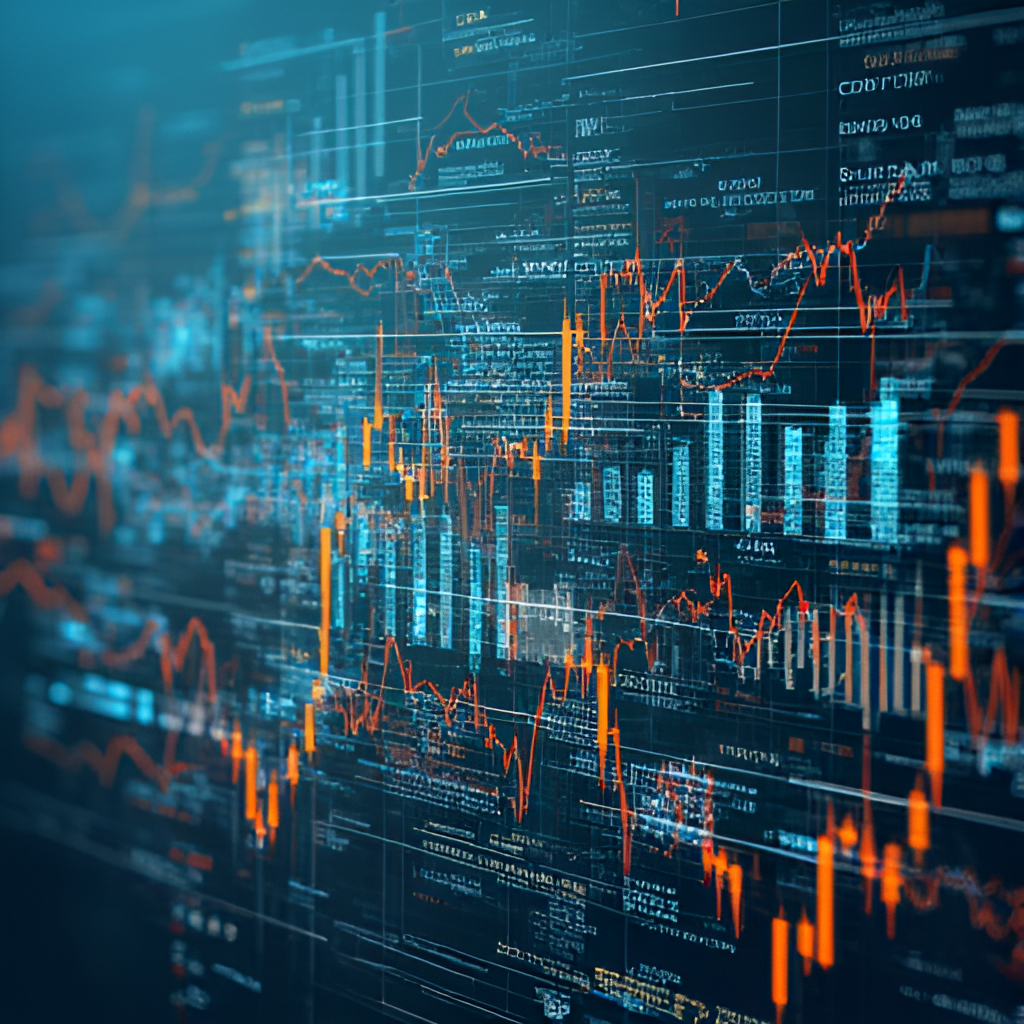 An abstract visualization representing economic data or market trends, possibly with charts and graphs, symbolizing the complex factors the Federal Reserve deals with.