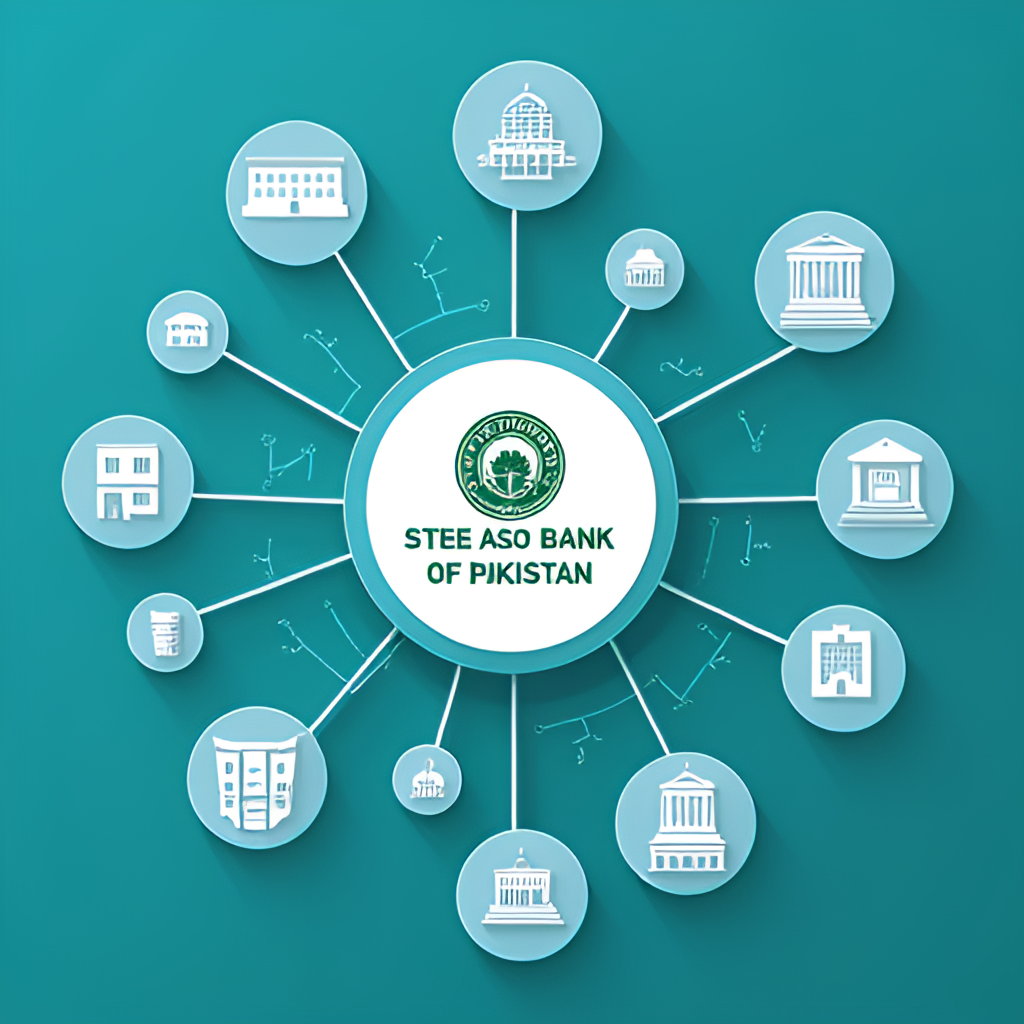 A conceptual image depicting a network of interconnected financial institutions (banks) with the State Bank of Pakistan logo at the center, representing financial stability and oversight. Style: Modern, clean graphic.