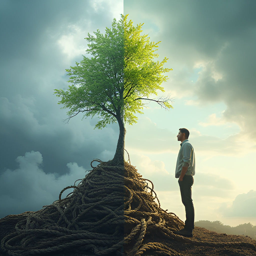A split image showing two sides: one side depicting challenges or negativity (perhaps stormy clouds or tangled ropes) and the other side showing growth and strength (a sprouting plant or a person standing tall), representing overcoming challenges, in a visually dynamic style.