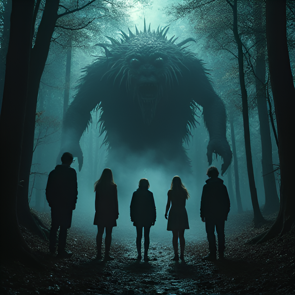 A terrifying creature resembling the Demogorgon emerging from a portal in a dark, eerie forest, with a group of teenagers looking on in fear.