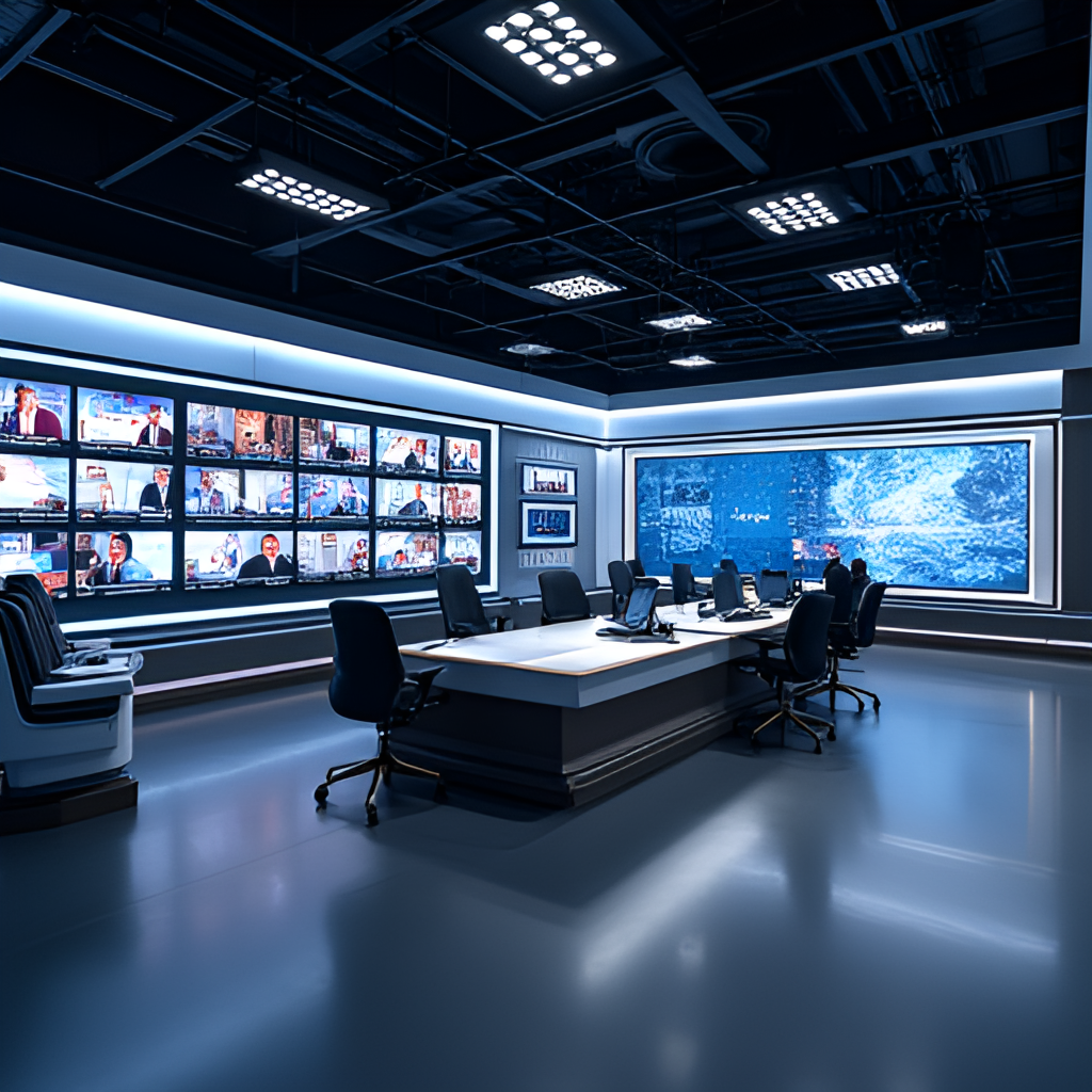 A modern newsroom with screens displaying news feeds, representing the digital presence of Dawn News.