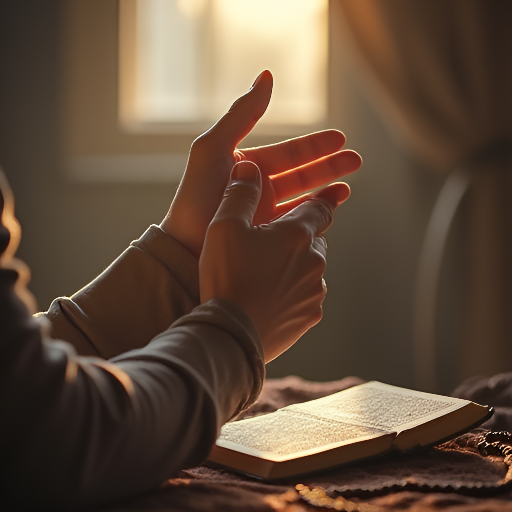 A peaceful and reflective image showing hands raised in prayer, perhaps with a Quran or prayer beads nearby, symbolizing the Islamic perspective of offering duas and gratitude on a birthday.
