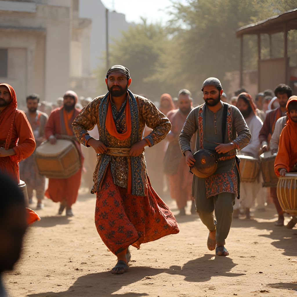 A photograph capturing a traditional Pashtun Attan dance performance, showing dancers in traditional attire moving in a circle to the beat of drums and other instruments, conveying energy and community.