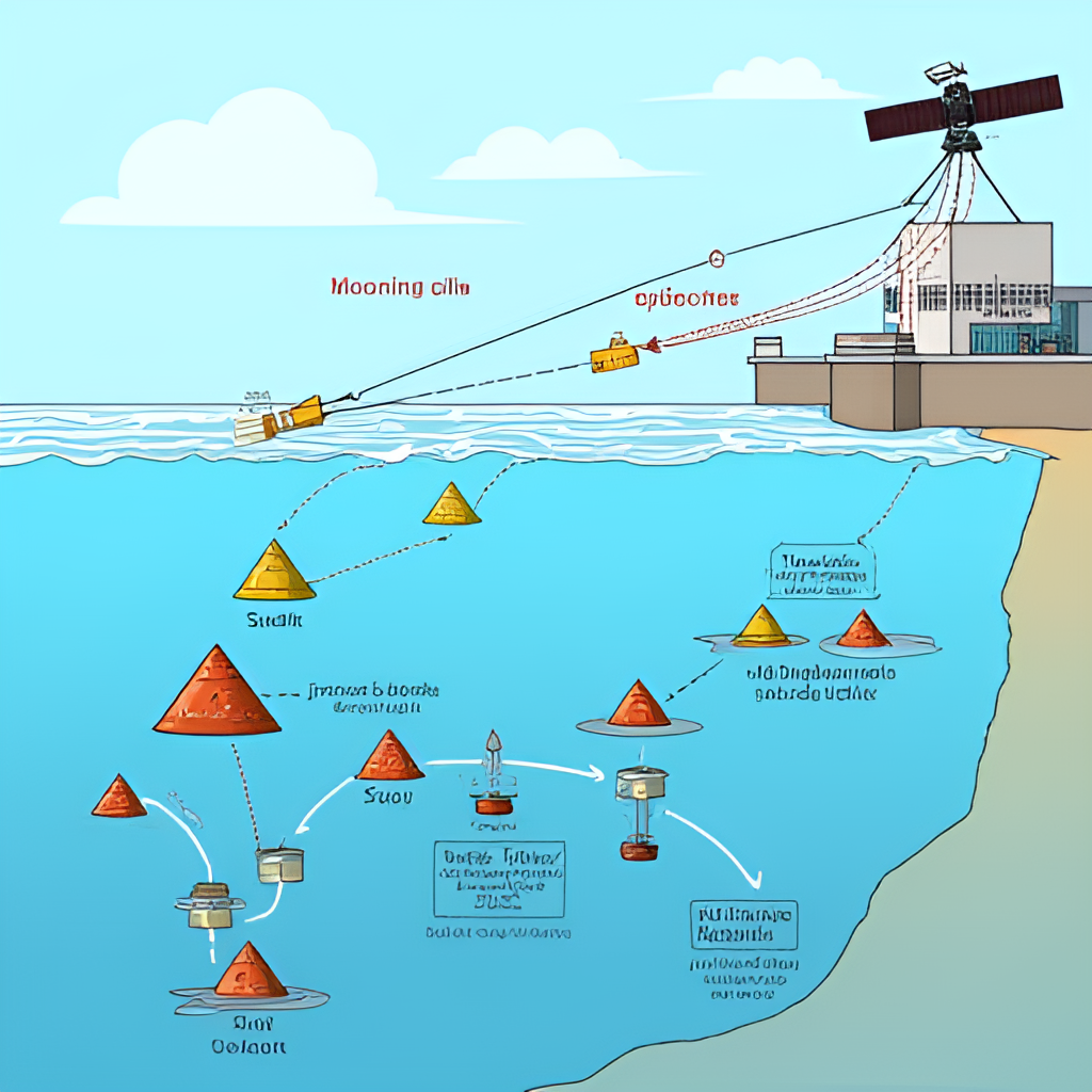 An illustrative image depicting a tsunami warning system, showing buoys with sensors in the ocean transmitting data via satellite to a monitoring center on land. Include diagrams explaining the process.