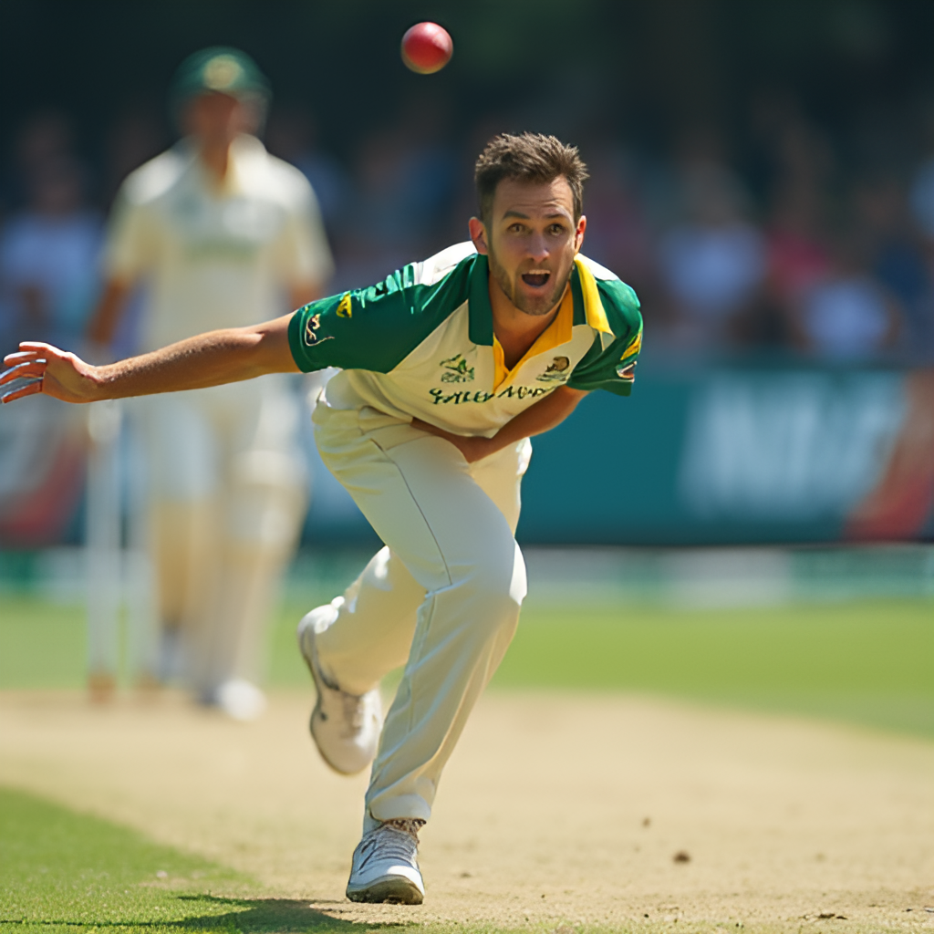 A close-up action shot of a South African bowler delivering a ball, emphasizing speed and focus, with bails flying or batsman reacting in the background