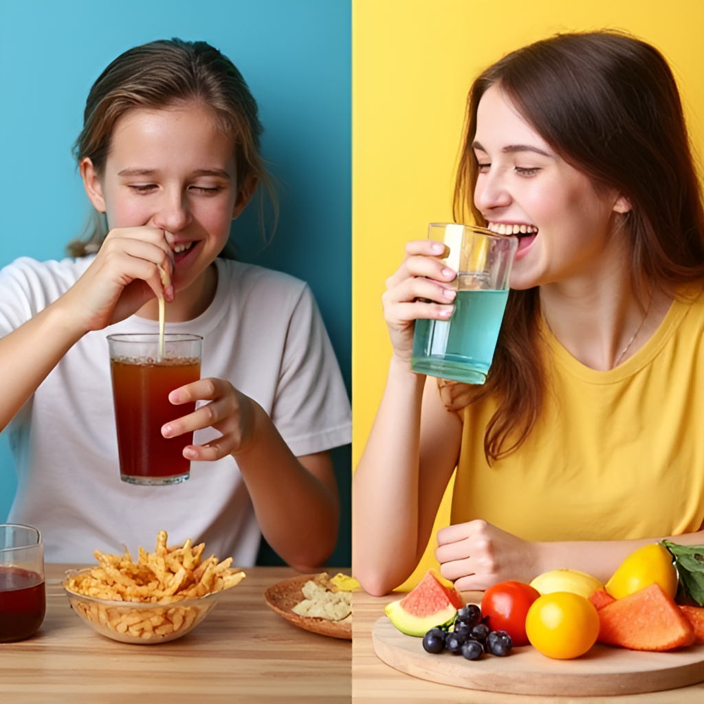 A split image showing contrasting scenes: on one side, a person enjoying a sugary soda and processed snacks; on the other side, the same person happily drinking water and eating fresh fruit, illustrating healthy versus unhealthy sugar choices.