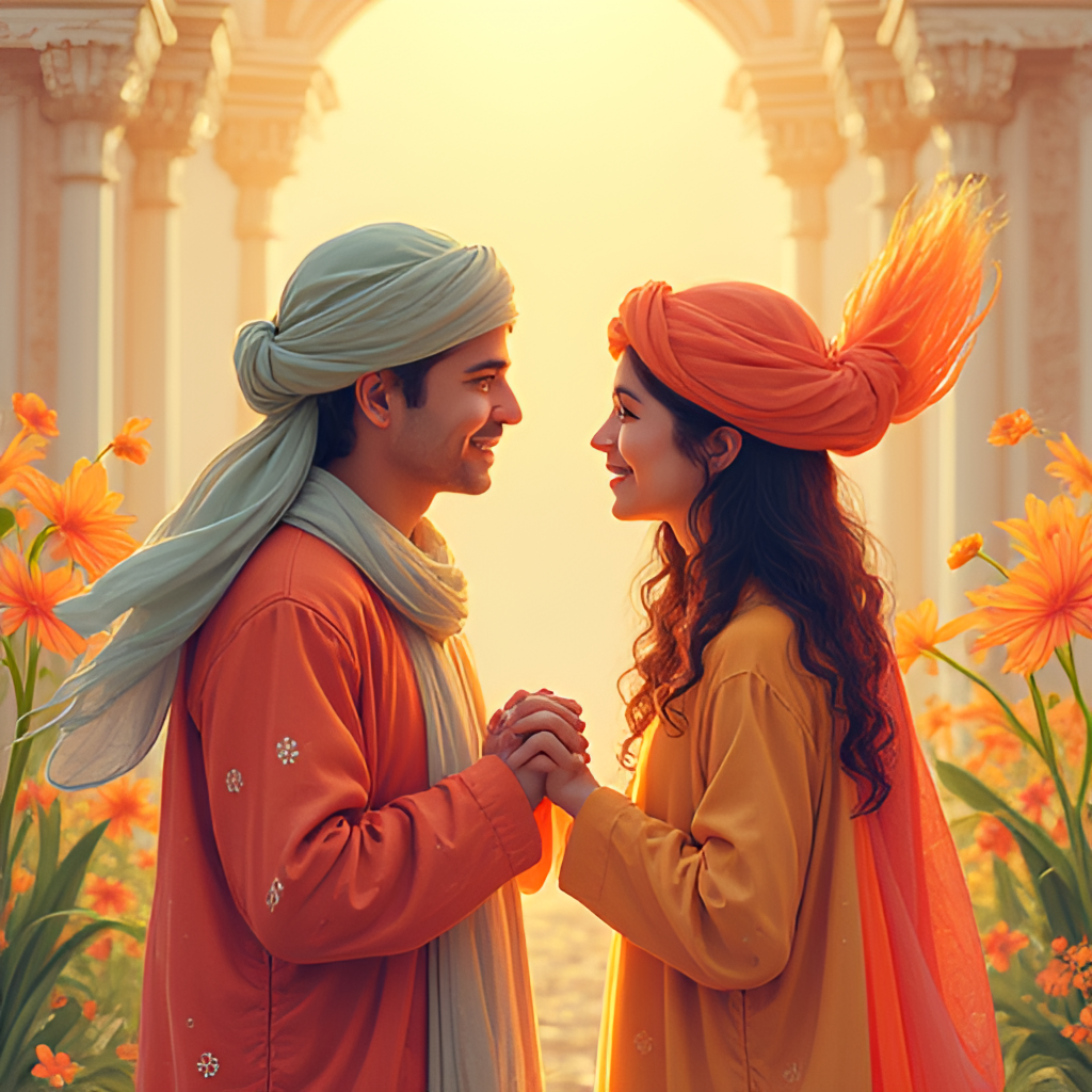 A vibrant image symbolizing friendship and connection, possibly showing diverse individuals in a friendly interaction, with elements subtly hinting at Middle Eastern or South Asian cultural motifs, in a contemporary, warm style.