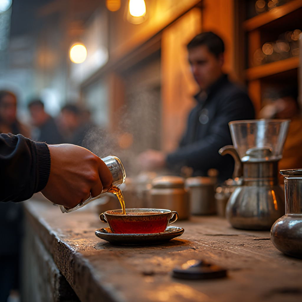 A close-up, warm-toned photo of a local tea stall or dhabba in Naran valley, perhaps with a person pouring tea (qahwa) or interacting with tourists, capturing the local culture and hospitality.
