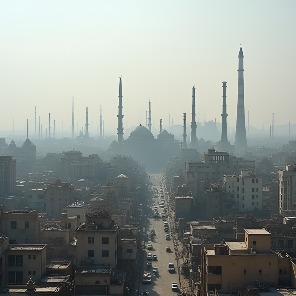 A photo-realistic image showing a view of Sialkot city, Pakistan, perhaps highlighting its industrial or urban landscape, subtly linking it to the politician's constituency.