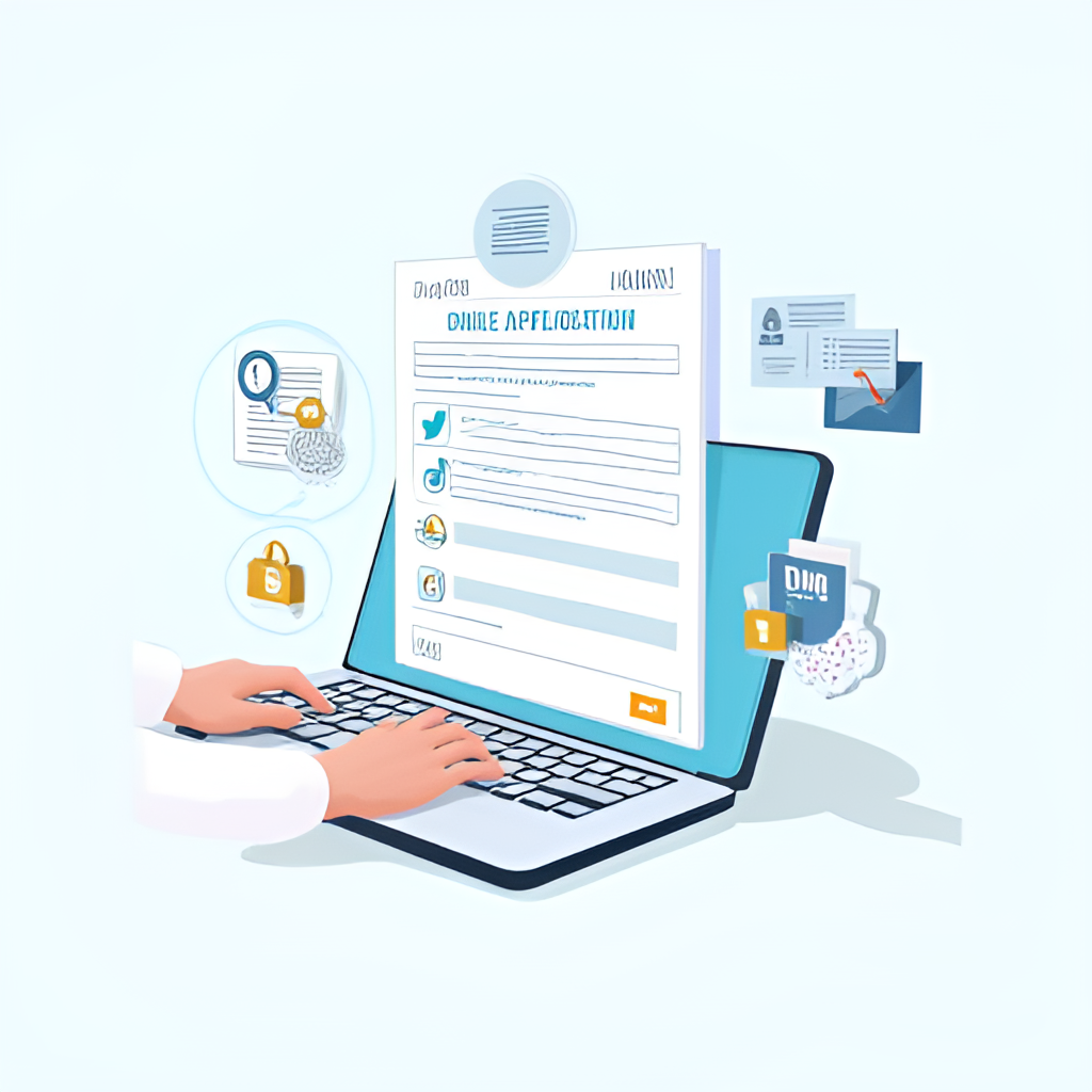 An illustration showing a person completing an online application form for a NADRA ID card on a laptop, with icons representing documents, fingerprints, and digital security.