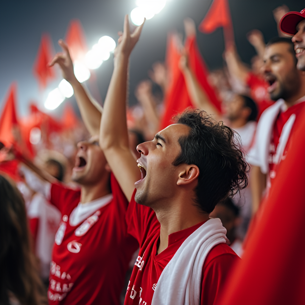 Close-up shot of passionate football fans waving large flags and scarves in team colors (red/white for Internacional, white/red for River Plate), showing intense emotion during a rivalry match atmosphere.