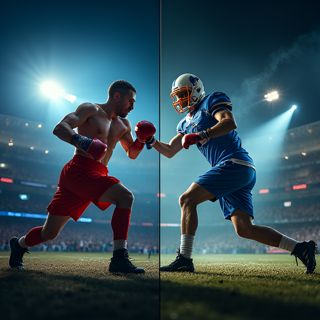 A dynamic image showing a split screen: one side features a close-up of a boxing match in action with dramatic lighting, the other shows a football game with players in motion, both presented in a high-definition streaming interface