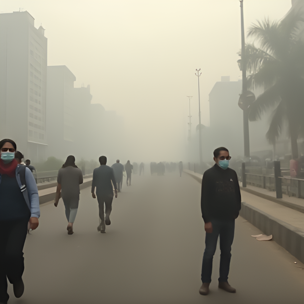 A hazy, low-visibility street view in Lahore during the smog season, with distant buildings obscured and people wearing face masks.