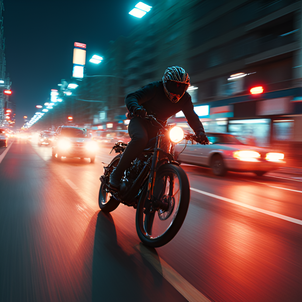 A dramatic image showing a high-speed bike chase sequence through neon-lit city streets at night, with one figure (representing Don) expertly maneuvering through traffic, emphasizing the action and thrill of the film.