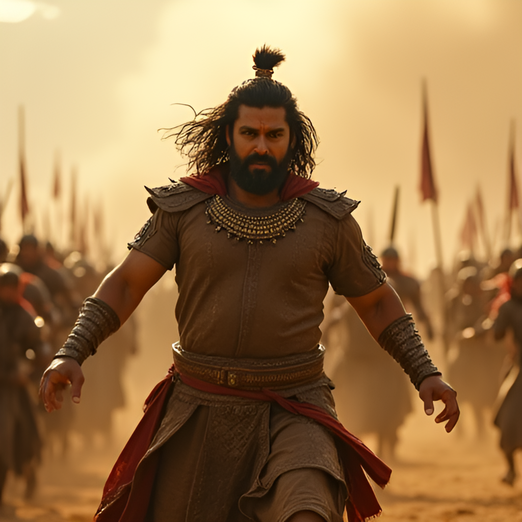 A dynamic action shot featuring Prabhas as Baahubali in a battle scene, showing his strength and leadership against a large army, emphasizing the scale and choreography of the film's action sequences.