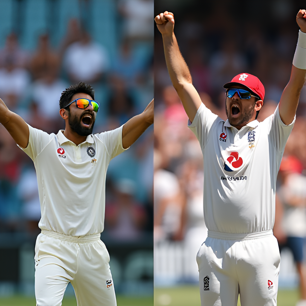 A split image showing a passionate Indian cricket fan celebrating in a stadium on one side, and members of the Barmy Army cheering energetically in an English stadium on the other side, highlighting the distinct fan cultures of the India vs England cricket rivalry.