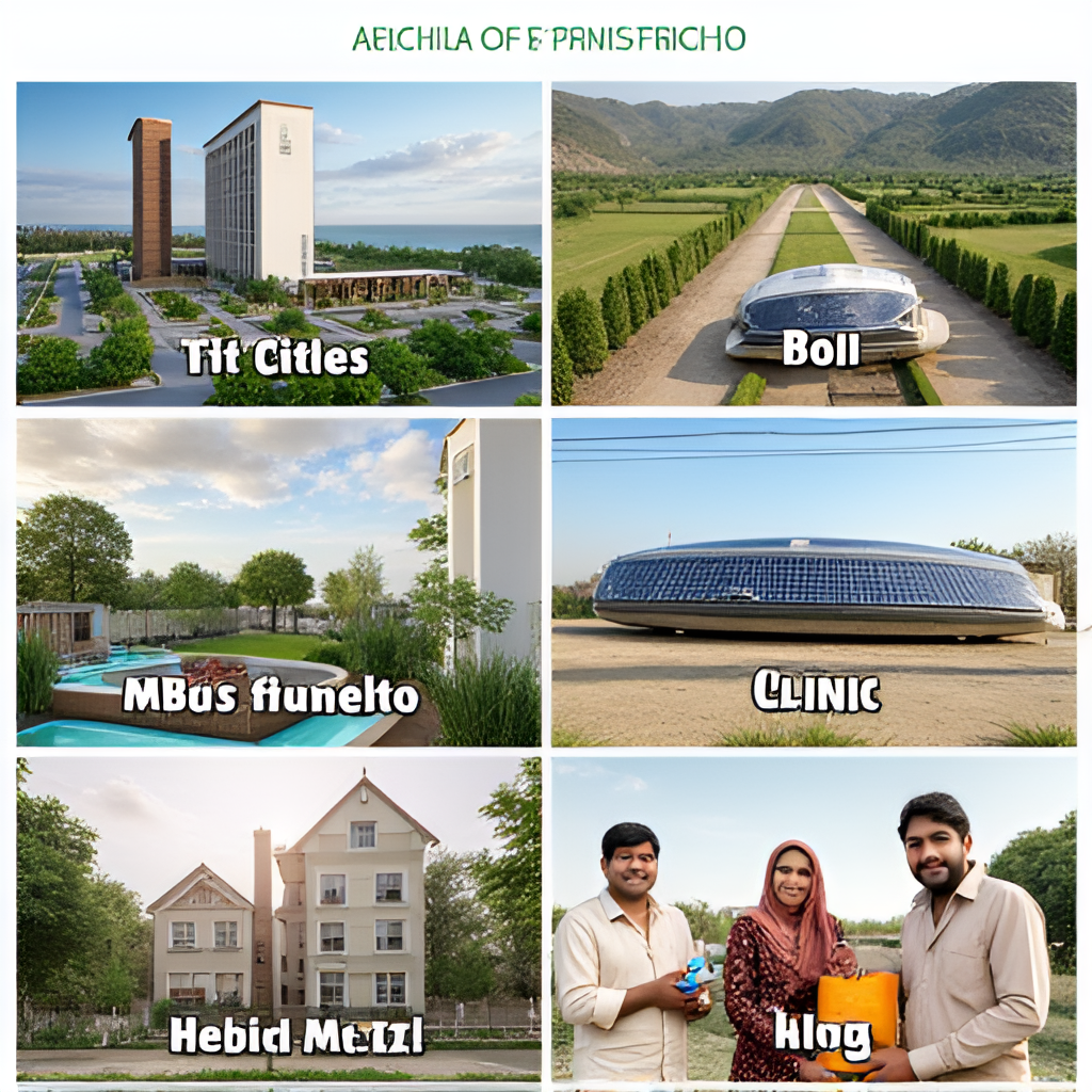 A multi-panel composite image showcasing various projects under Maryam Nawaz Sharif's tenure as CM Punjab. One panel shows a sleek, modern IT city building with green spaces. Another shows a mobile medical clinic serving a rural community. A third panel displays solar panels on a residential rooftop, and a fourth shows farmers happily receiving aid, symbolizing agricultural support.