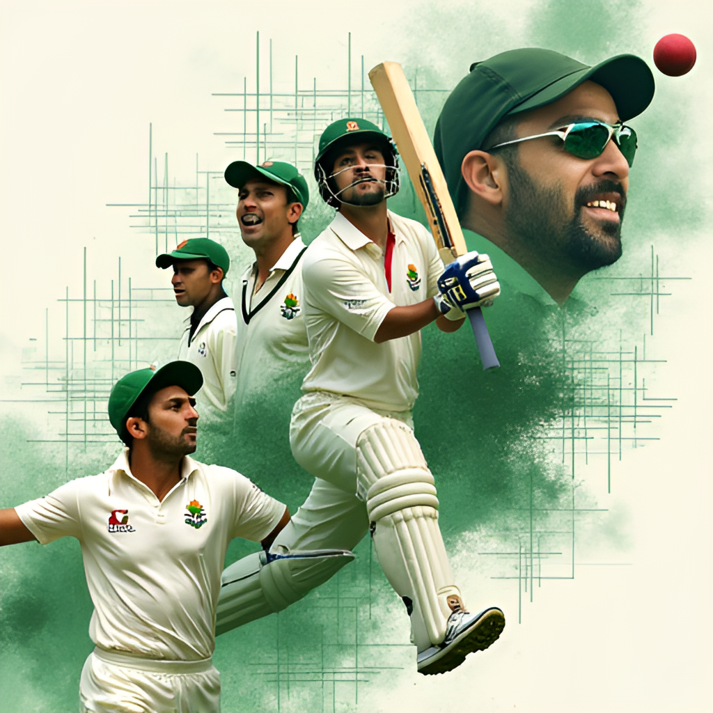 A montage of iconic Pakistani cricket moments and players, overlaid with infographic elements representing data and statistics, suggesting deep analytical coverage by Cricinfo.